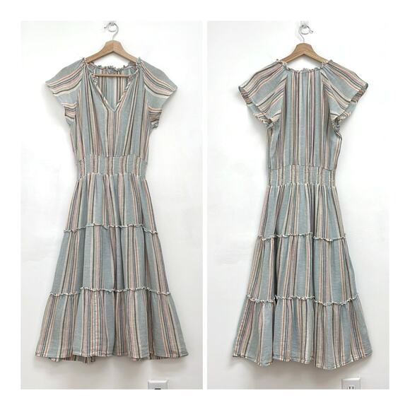 Rails Amelia Sag Harbour Rainbow Stripe Linen Tiered Coastal Flowy Midi Dress XS - Picture 14 of 14